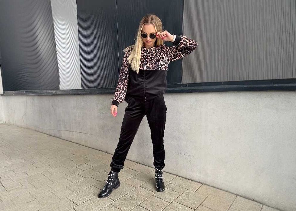 Dresy damskie welurowe w panterkę spodnie + bluza czarne r.XL wys.24h