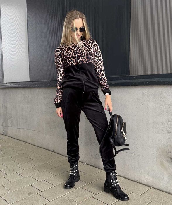 Dresy damskie welurowe w panterkę spodnie + bluza czarne r.S wys.24h