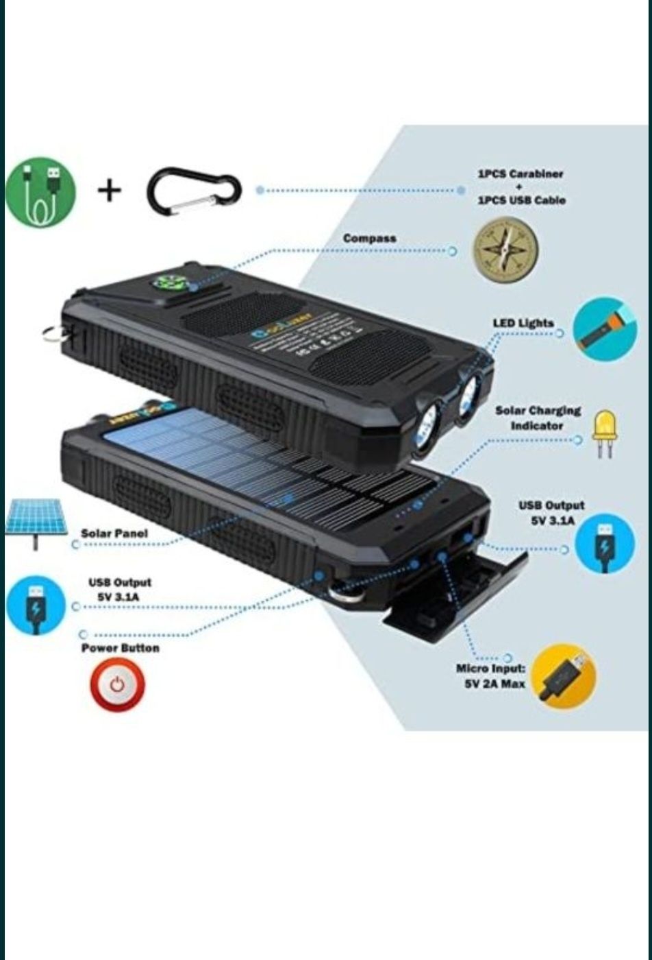 Павербанк 36800mAh, solar power bank + ліхтарик + сонячна панель