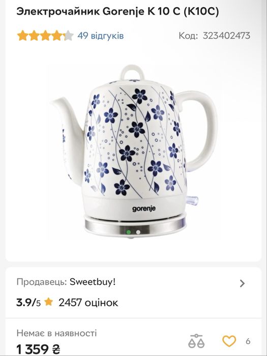 Керамічний електрочайник Gorenje