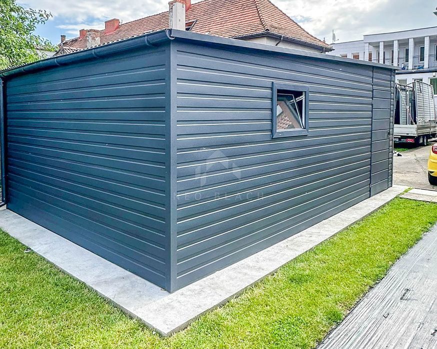 Garaż Blaszany 4X6M - Brama Uchylna - Drzwi Okno Antracyt Rynny Nb193