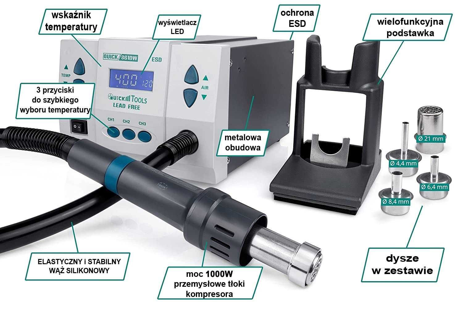 Quick 861DW ESD – stacja lutownicza HOT AIR 1kW mało używana FV 23%