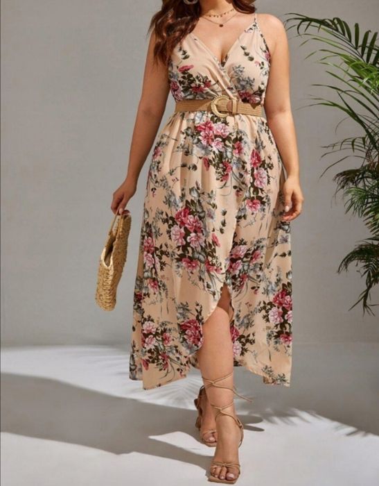 Elegancka sukienka beżowa kwiatki wesele komunia 44/46