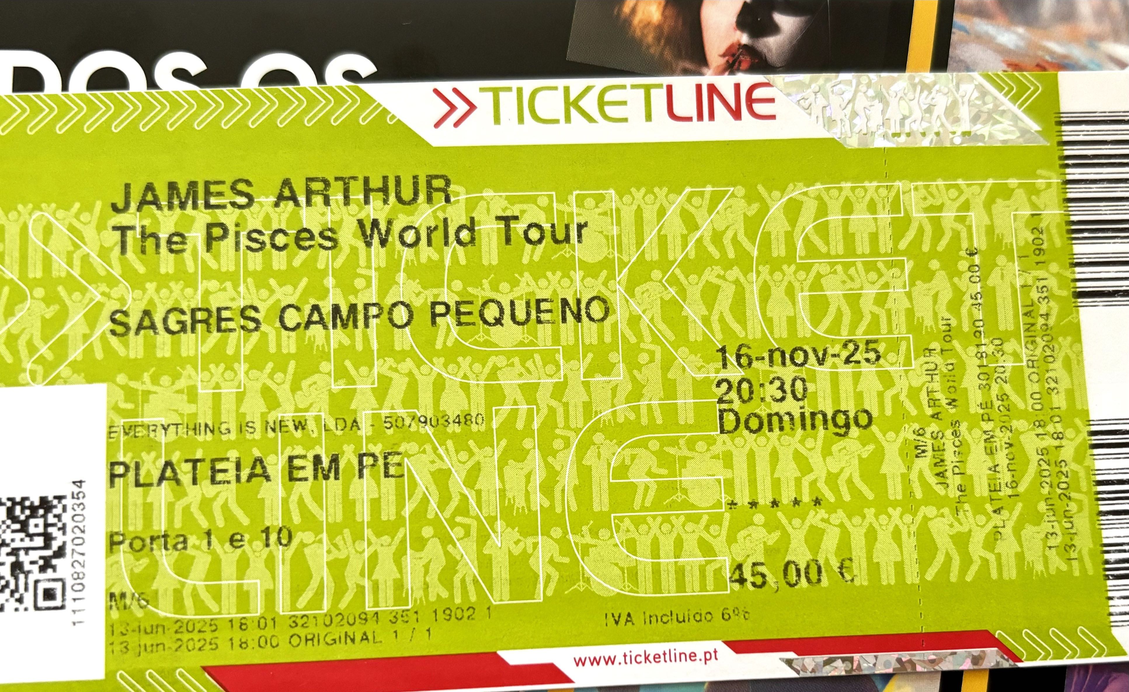 Troco ou vendo bilhete James Arthur – Campo Pequeno, Lisboa
