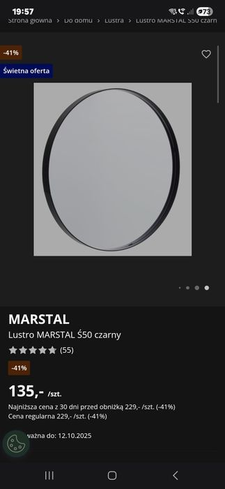 Lustro okrągłe w metalowej ramie średnica 50cm