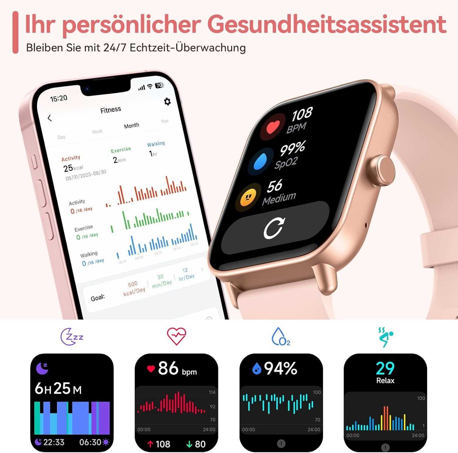 Smartwatch damski 1,8", puls, SpO2, stres, Alexa, IP68, sportowy