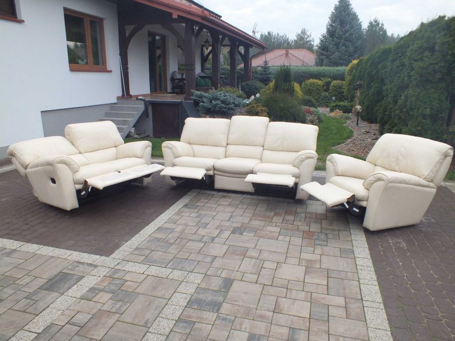 Zestaw kanap skórzanych 5 x funkcja relax kolor ecru.