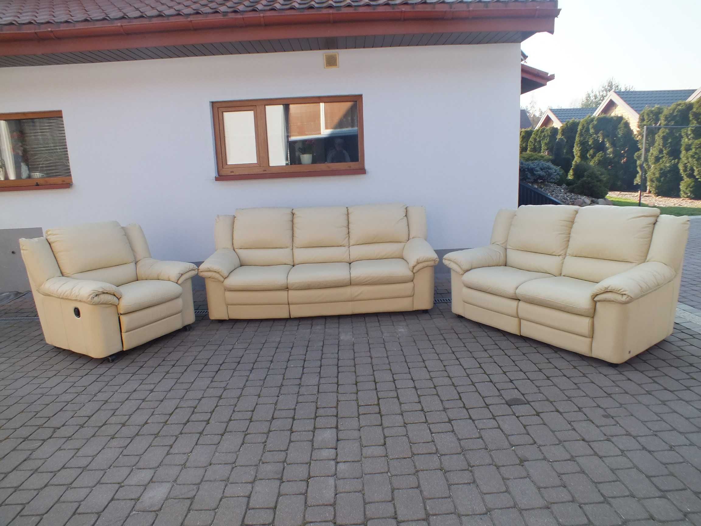 Zestaw kanap skórzanych 3+2+1 z funkcją relax kolor ecru.