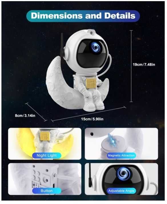 Projektor gwiazd astronauta z głośnikiem Bluetooth, sterowanie pilotem