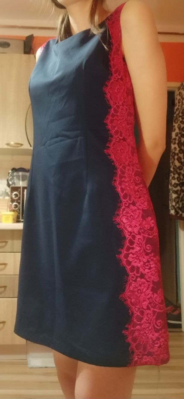 Sukienka S/M granatowo/różowa