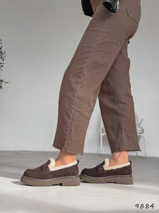 Утеплені лофери коричневі, натур. замша, зимние лоферы зима 36-41р