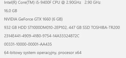 Komputer stacjonarny i5-9400F / GTX 1660 6GB / 16GB RAM / SSD + HDD