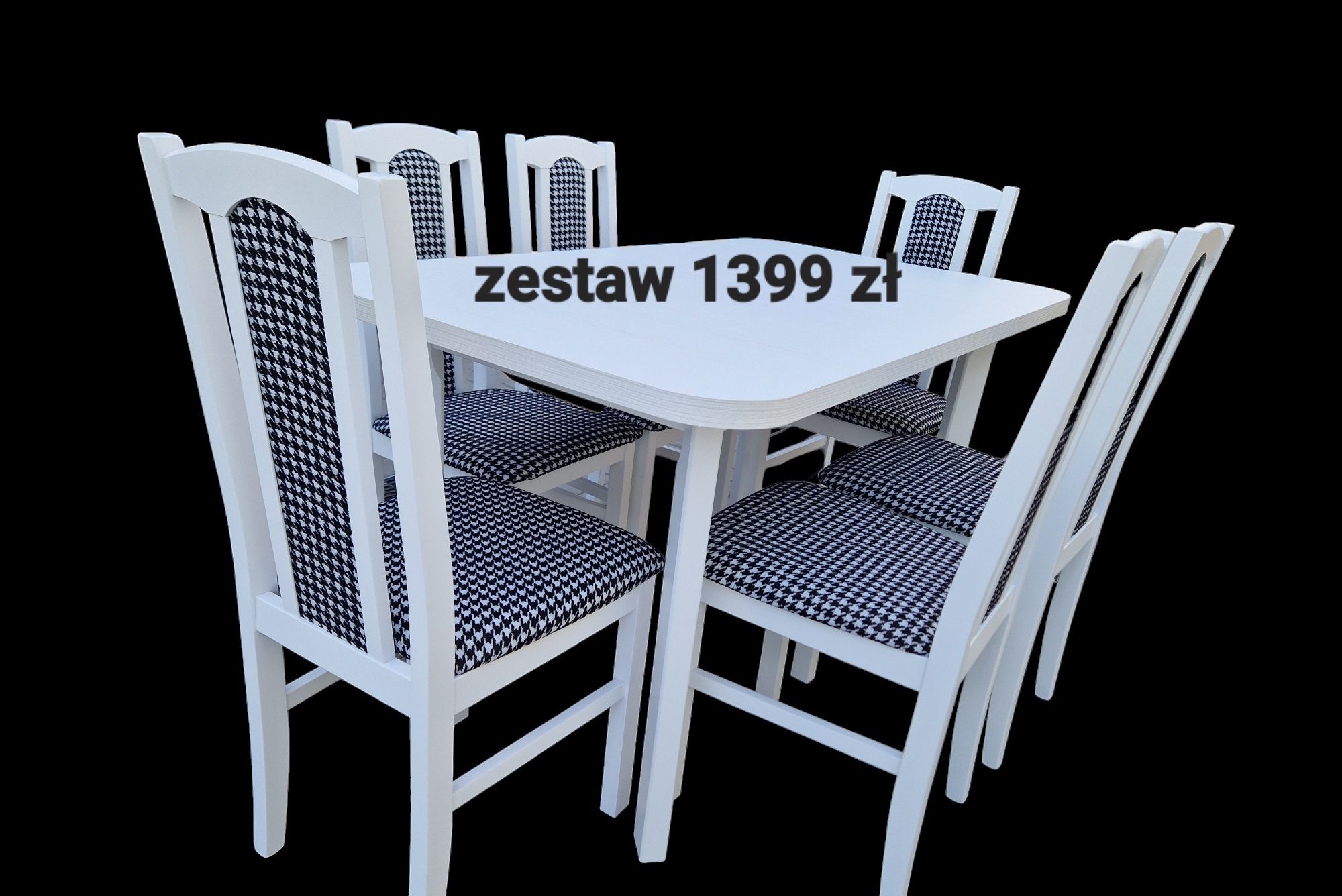 Stół + 6 krzeseł, biały + pepitka, NOWE OD RĘKI, DOSTAWA PL