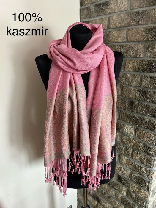 Kaszmirowy szal różowy duży kaszmir piękny kobiecy