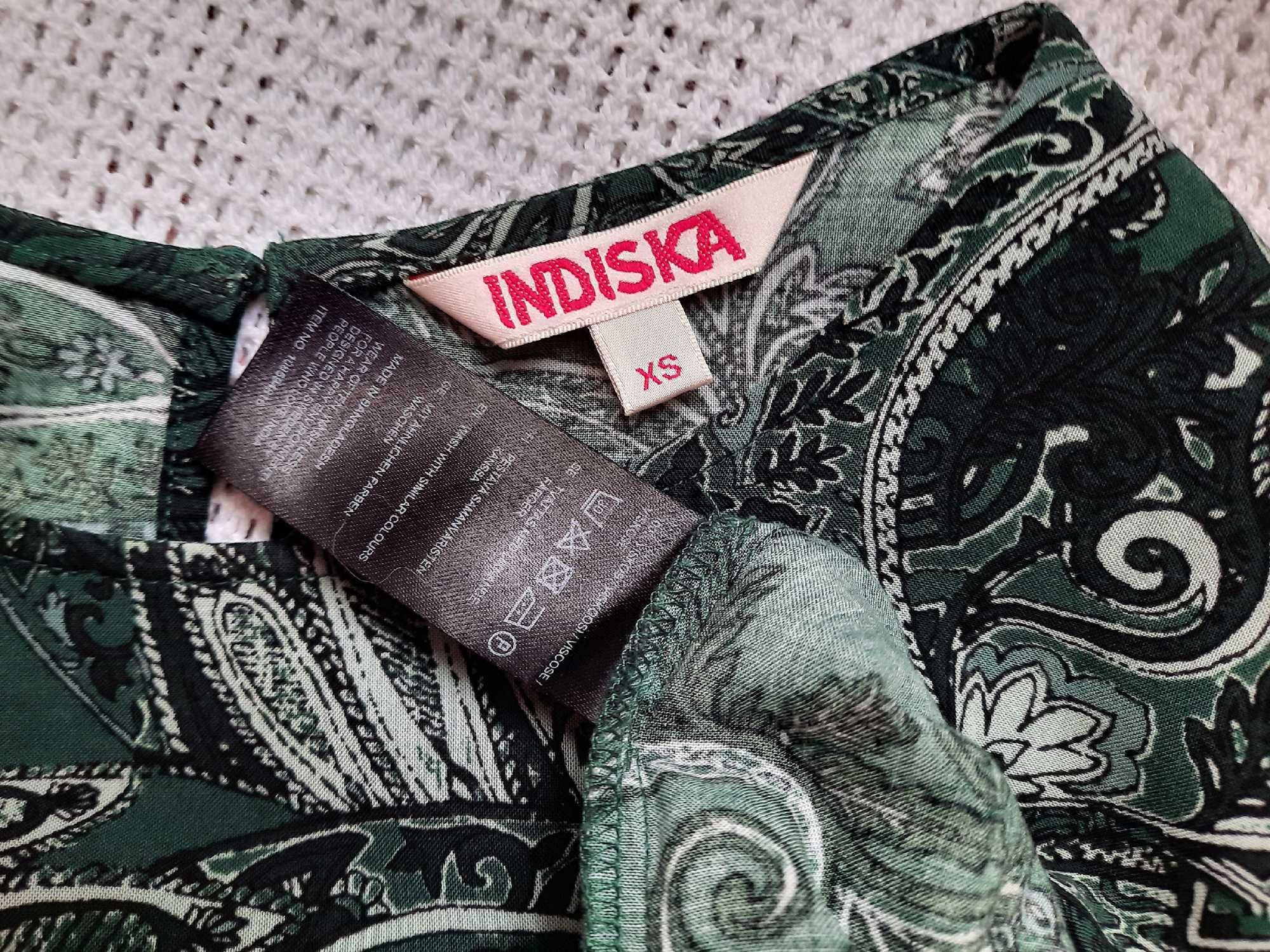 100% Wiskoza Indiska butelkowa zieleń paisley sukienka wzory print XS