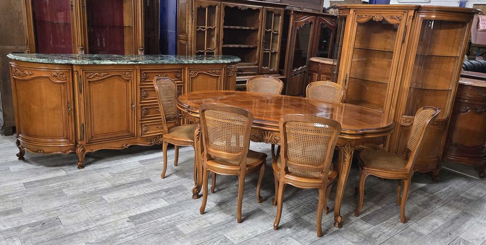 Francuski Komplet Mebli Do Jadalni / Komoda Z Marmurem / Witryna Stół