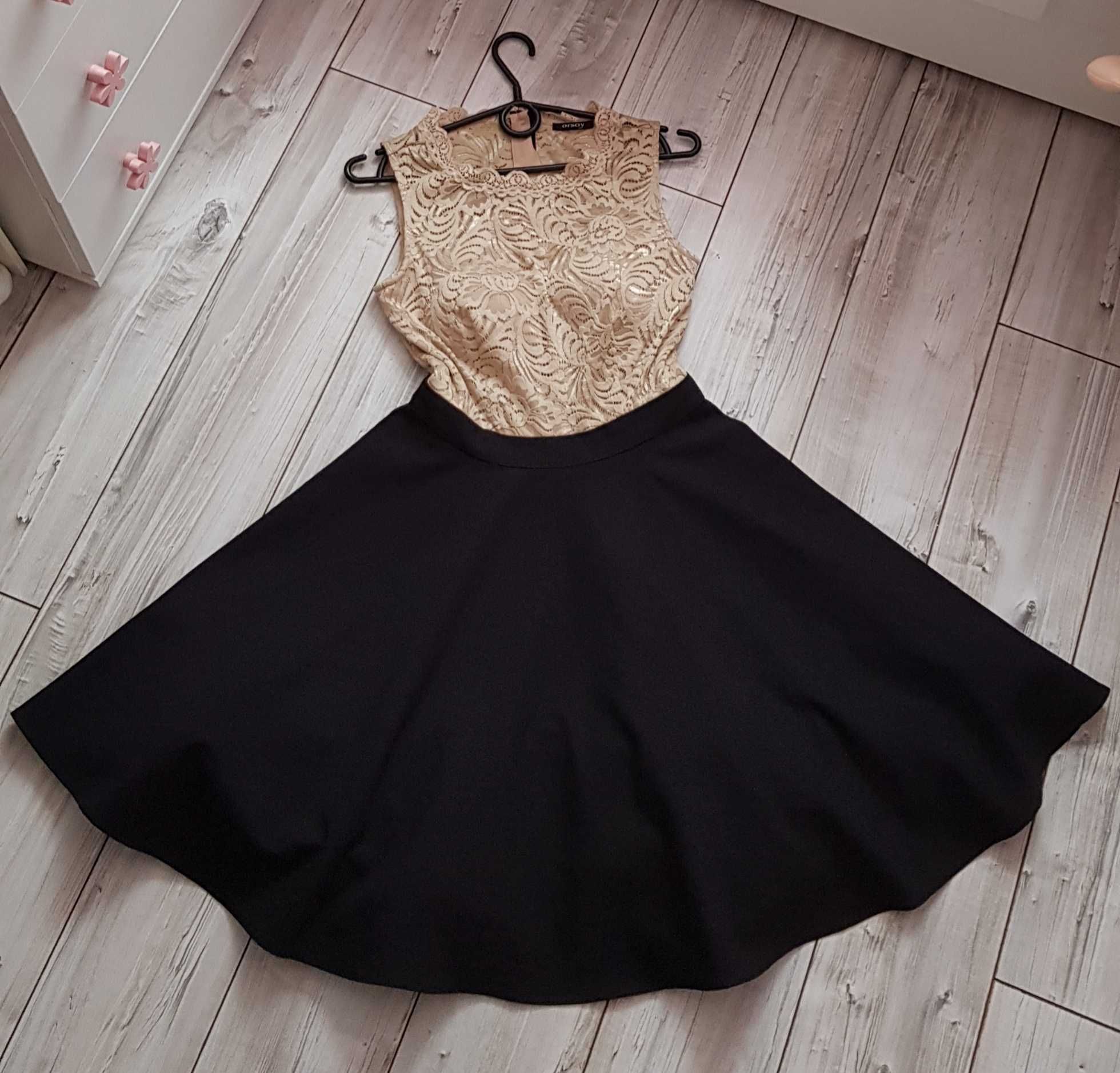 Elegancka sukienka Orsay, czarna, beżowa, z koronką, rozmiar 34/36