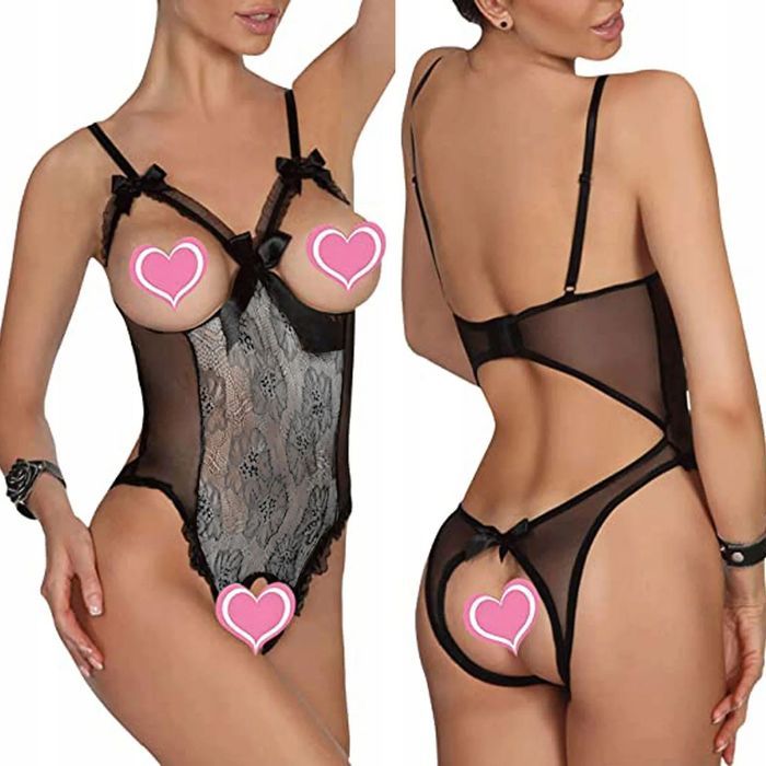 Koronkowe body otwarte krocze biust Walentynki czarno-srebrny