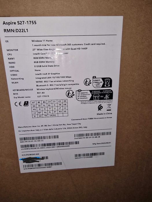 Komputer Acer Aspire All in One S27- 1755 27 i5-1240P 16GB 512GB SSD