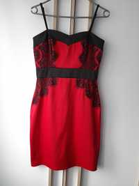 Czerwona elegancka sukienka r.36 S czarna koronka