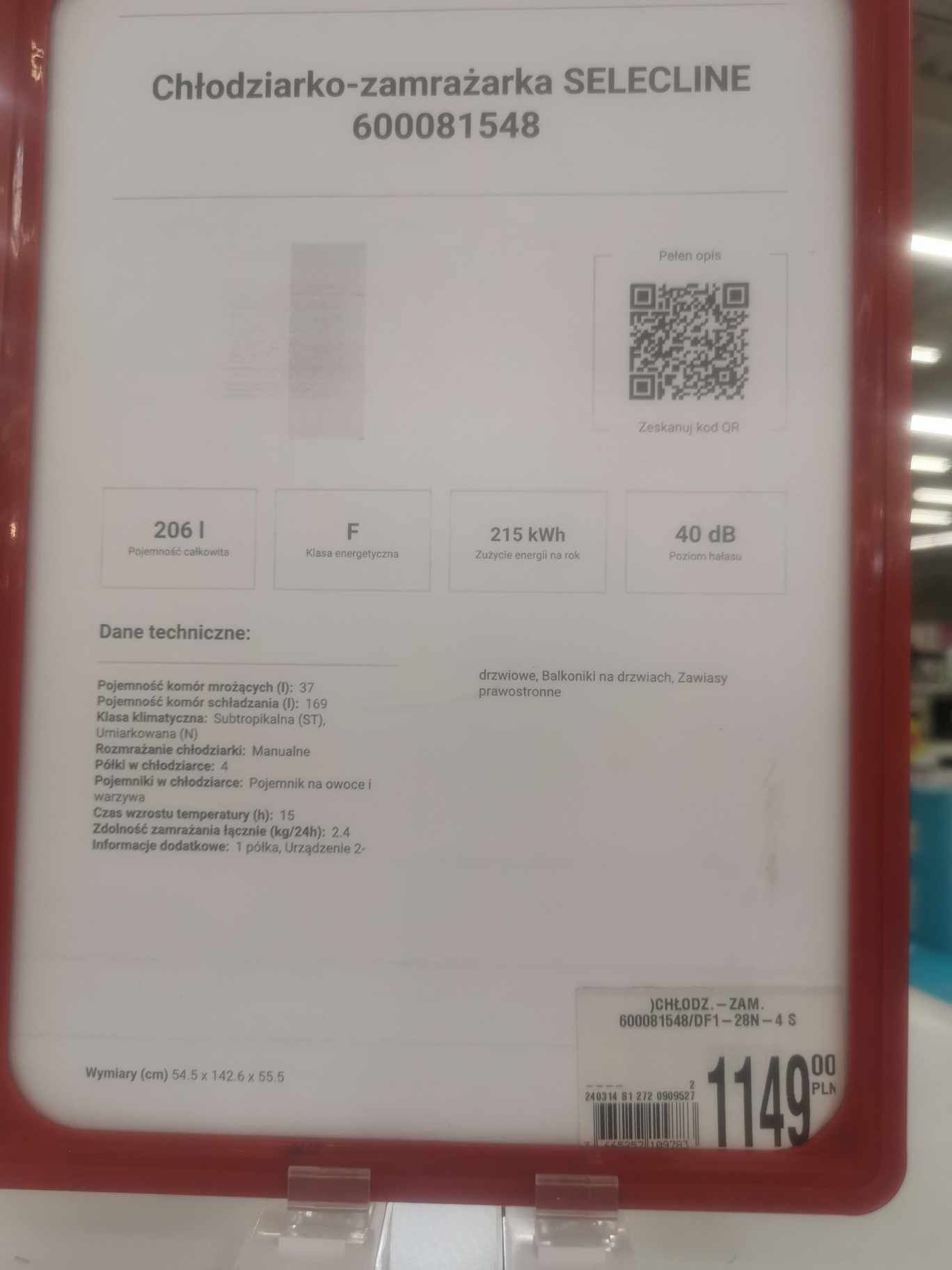 Chłodziarko zamrażarka Lodówka Selecline nowa