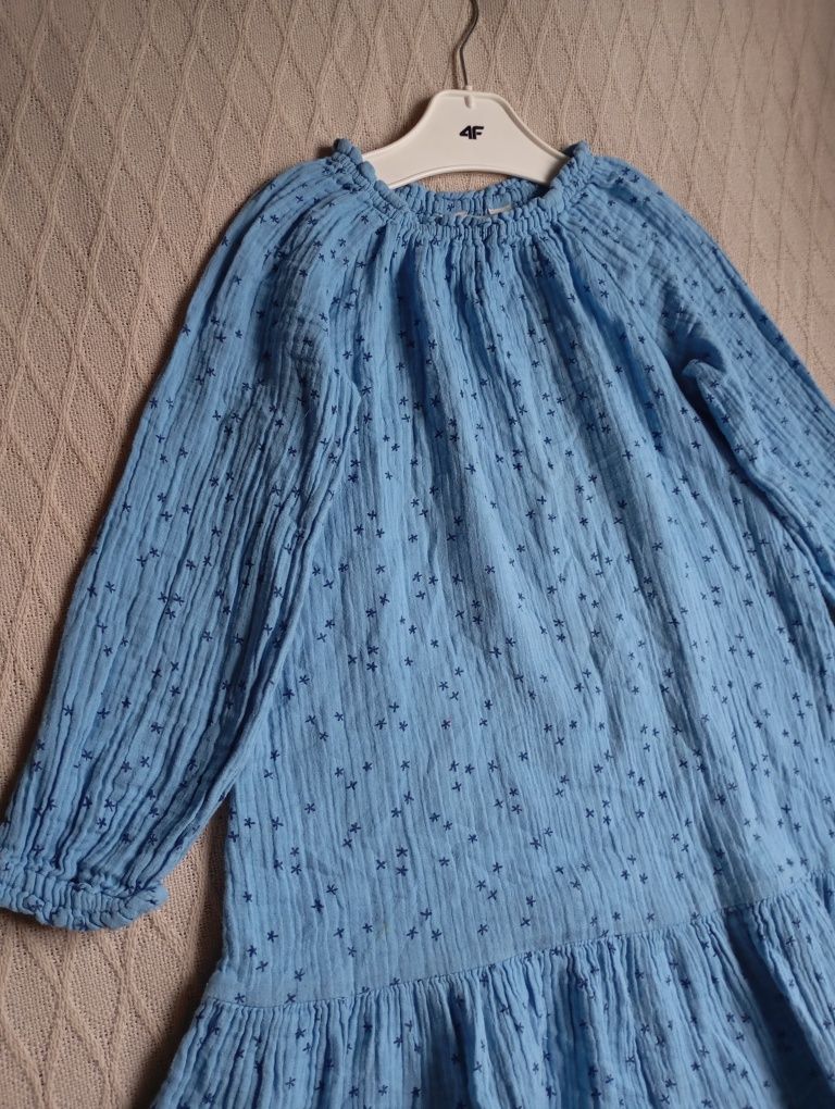 H&M 8-9lat muślinowa naturalna niebieska sukienka trapezowa