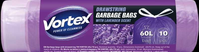 VORTEX Пакети для сміття з затяжкою фіол. 60л/10шт з ароматом лаванди