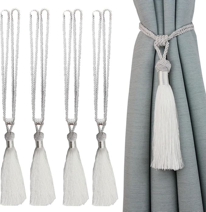 Upinacz do Zasłon Chwost Sznur z Frędzlami Zestaw 4 Sztuki Białe