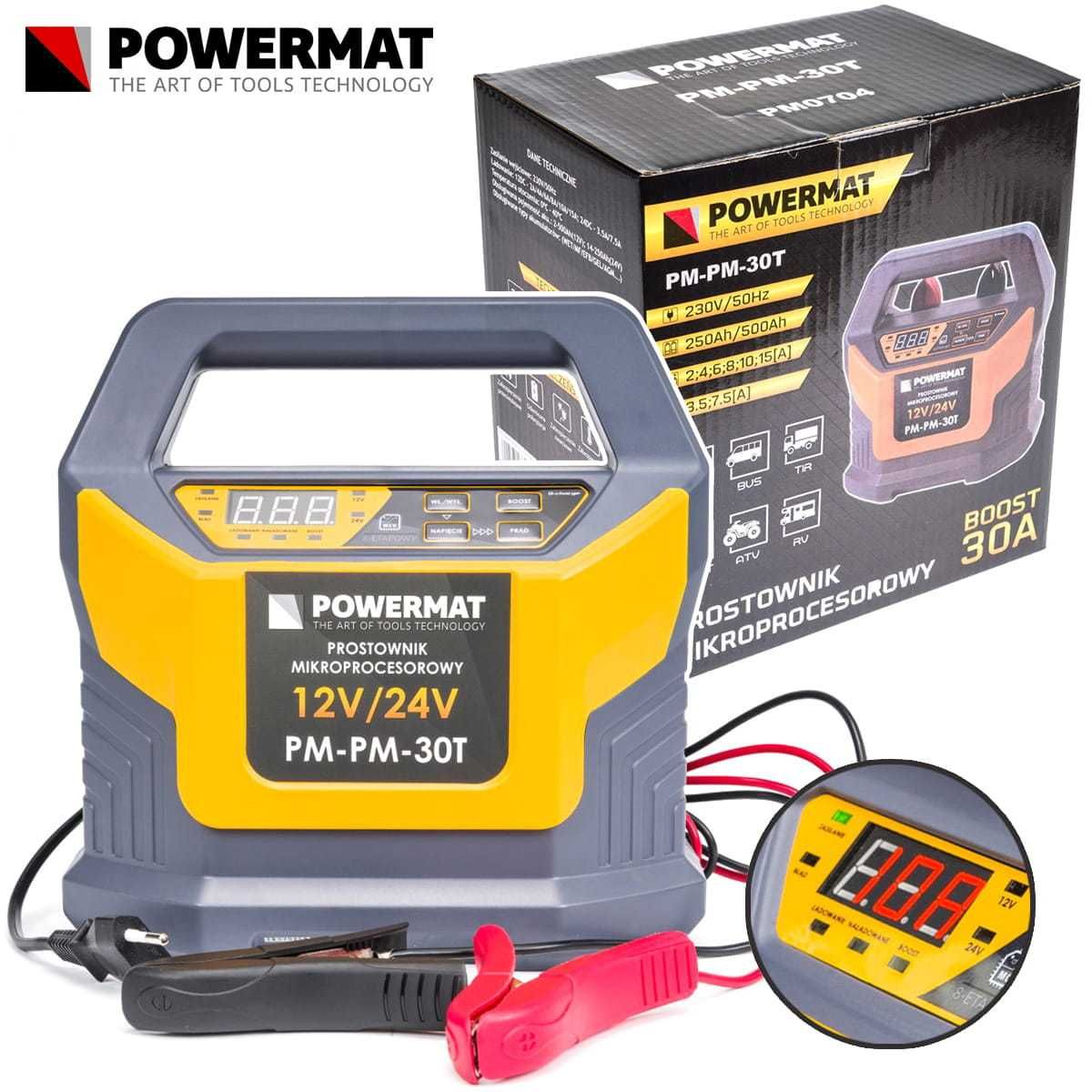 POWERMAT Prostownik Mikroprocesorowy Akumulatorowy 12v 24v PM-PM-30T