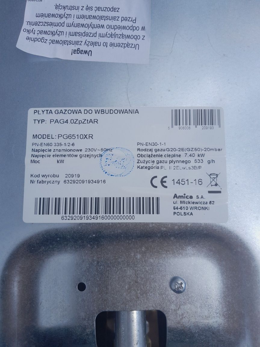 Sprzedam płyta gazowa do zabudowy plus zlew granitowy