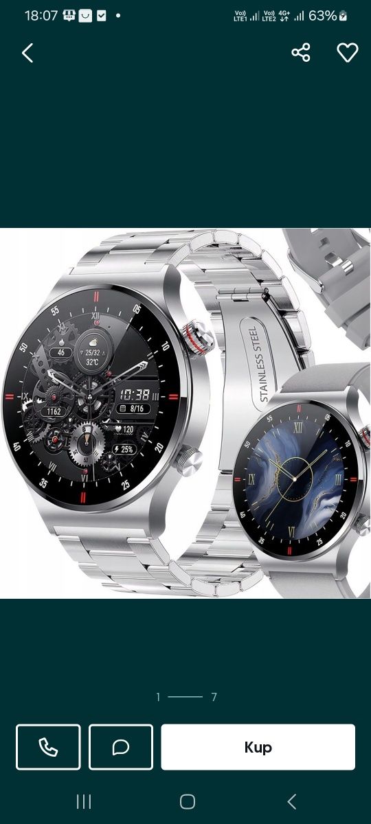 Smart watch meski NFC srebrny stalowa Bransoleta Rozmowy Meski zegarek
