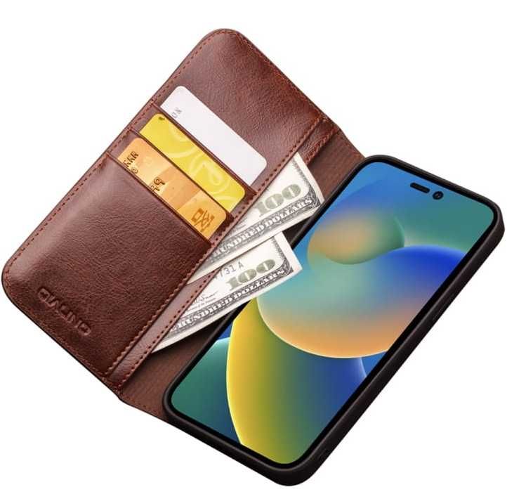 QIALINO Eleganckie Skórzane Etui do iPhone 14 Pro brązowe