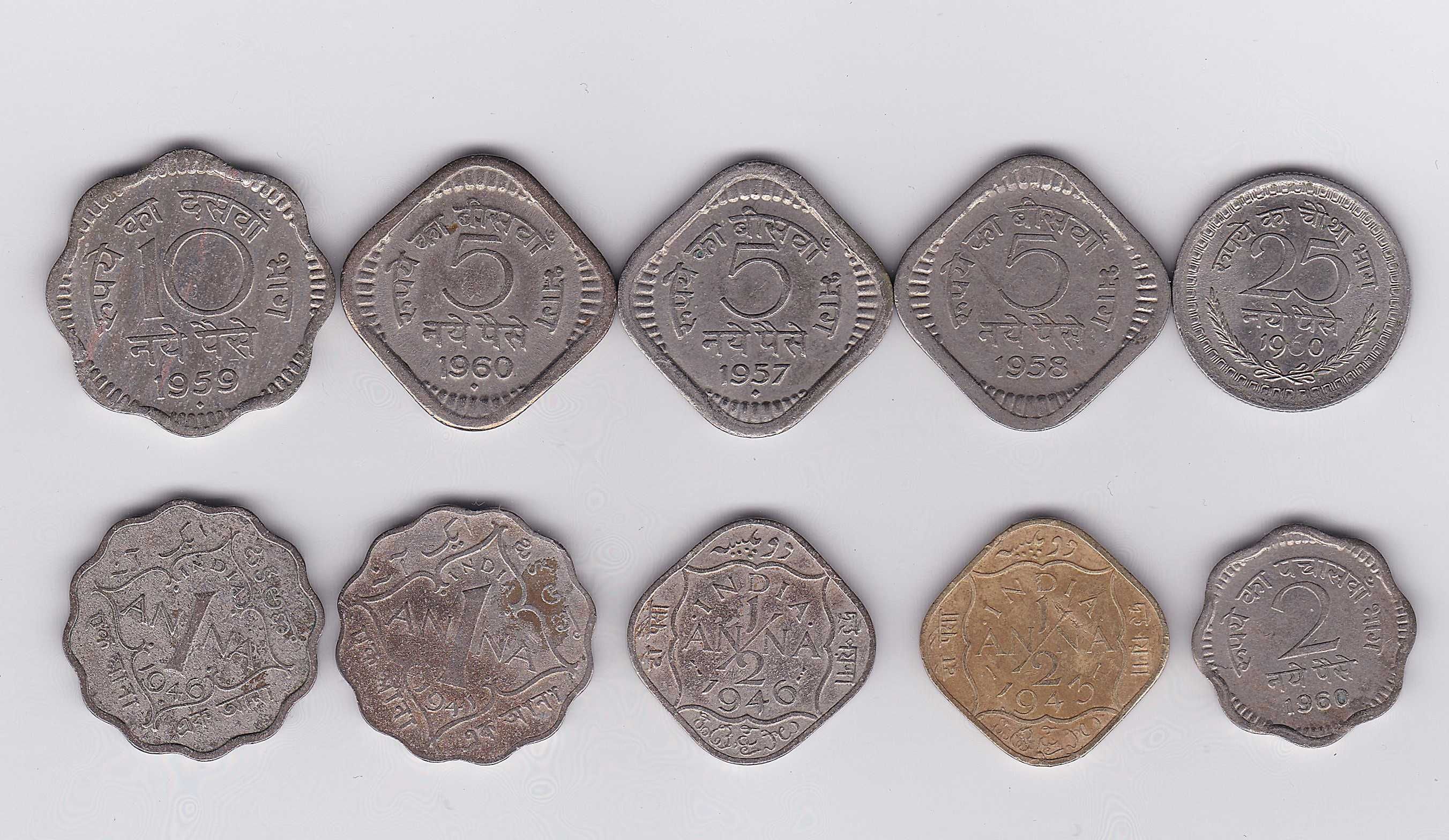 10 moedas India 1946/60 uma com erro cunhagem "cunho quebrado"