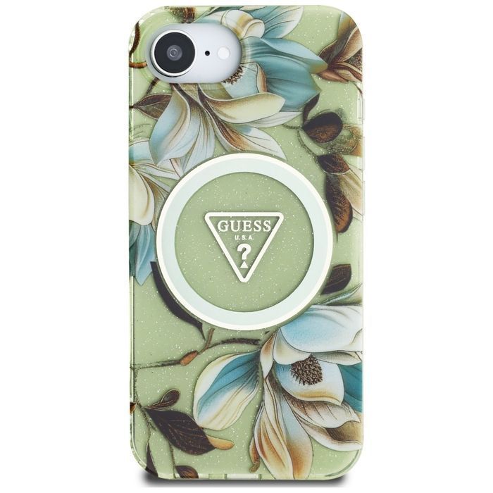Etui GUESS IML Metal Glitter Flowers Triangle MagSafe do Iphone 16e