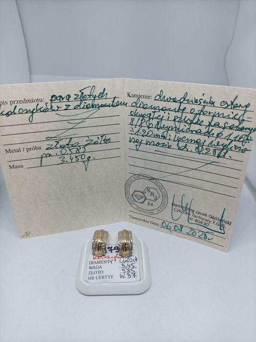 Złote kolczyki z diamentami, złoto 585