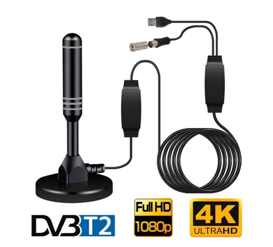 Антена телевізійна DVB-T2 HDTV 4K Ultra HD кімнатна, активна з підсилю
