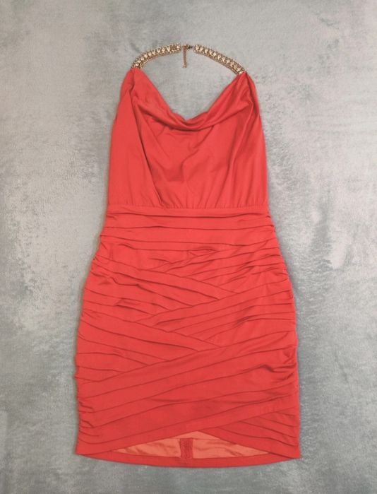 Imprezowa koktajlowa pomarańczowa sukienka Nikibiki zdobiona