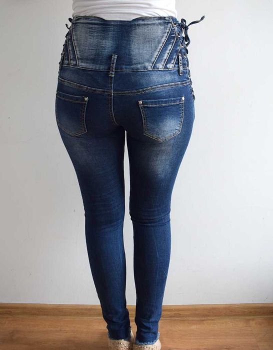 Denim orginal spodnie jeansy wysoki stan super high waist wiązane 38 m
