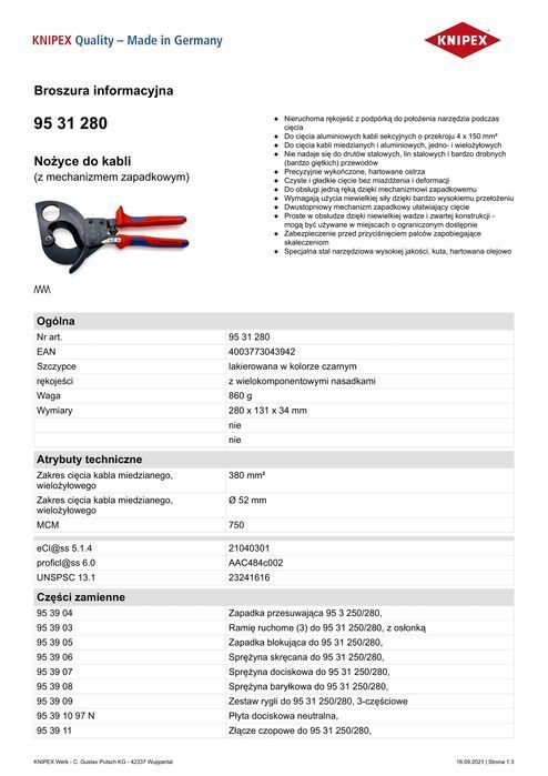 Nożyce Do Kabli 280Mm, Mechanizm Zapadkowy