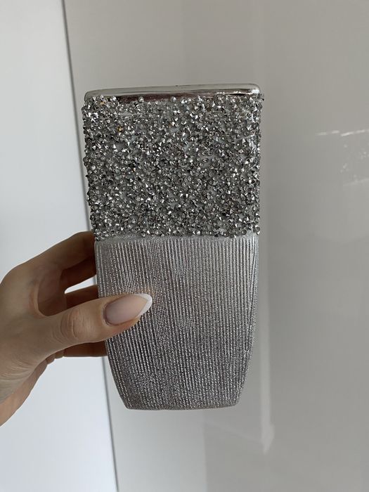 NOWY wazon ceramiczny glamour z kryształkami STEBRNY