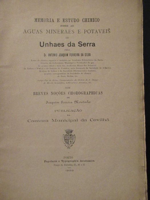 Unhais Da Serra/Estudo Químico 1898 A. Joaquim Ferreira Da Silva