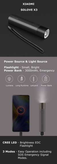 Фонарик Xiaomi Solove x3s power bank повербанк ліхтарик фонарь