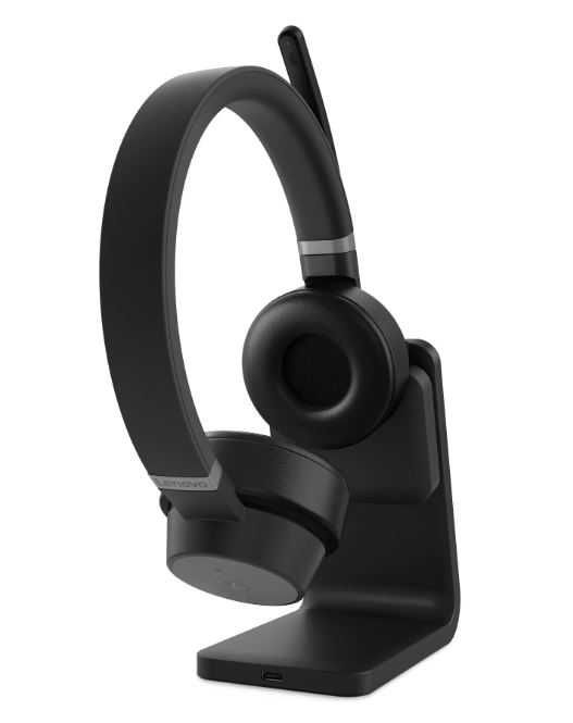 Słuchawki bezprzewodowe Lenovo z mikrofonem, ANC i stacją ładującą.