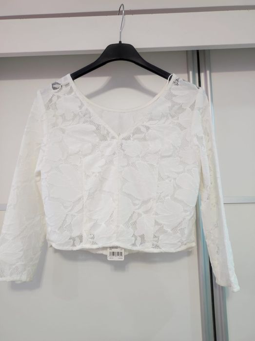 Biała krótka bluzka długi rękaw koronkowa elegancka Esprit S