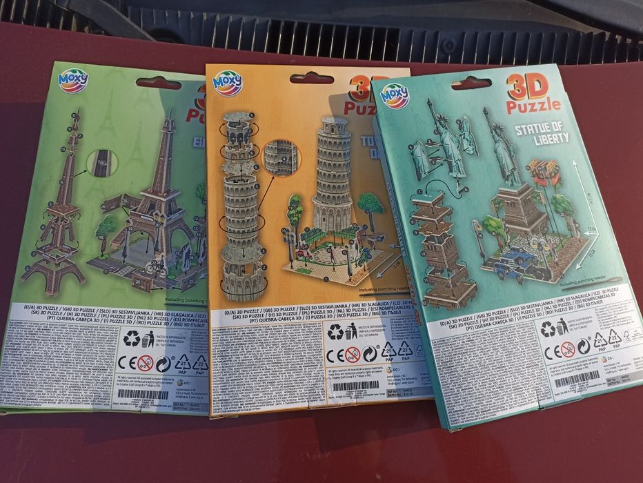 Trzy paczki Puzzli 3D Wieża Eiffla,krzywa wieża i statua wolności