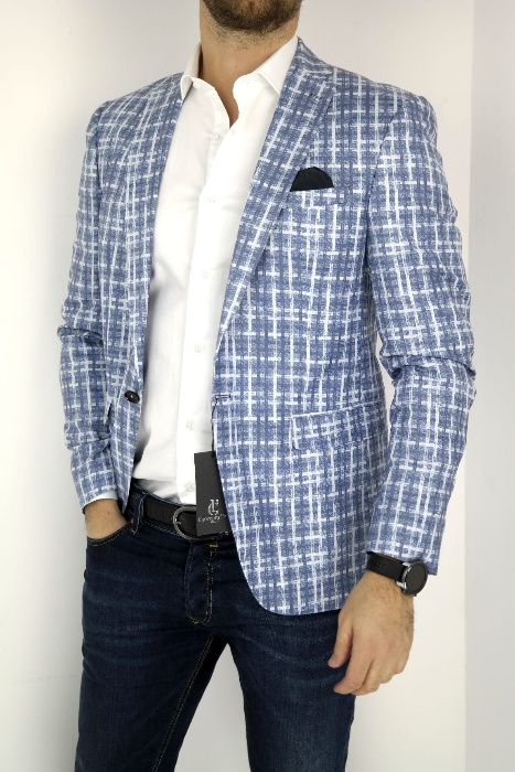 GIOVANNI PERA Marynarka męska krata dżins aksamit niebieska 54 L/XL