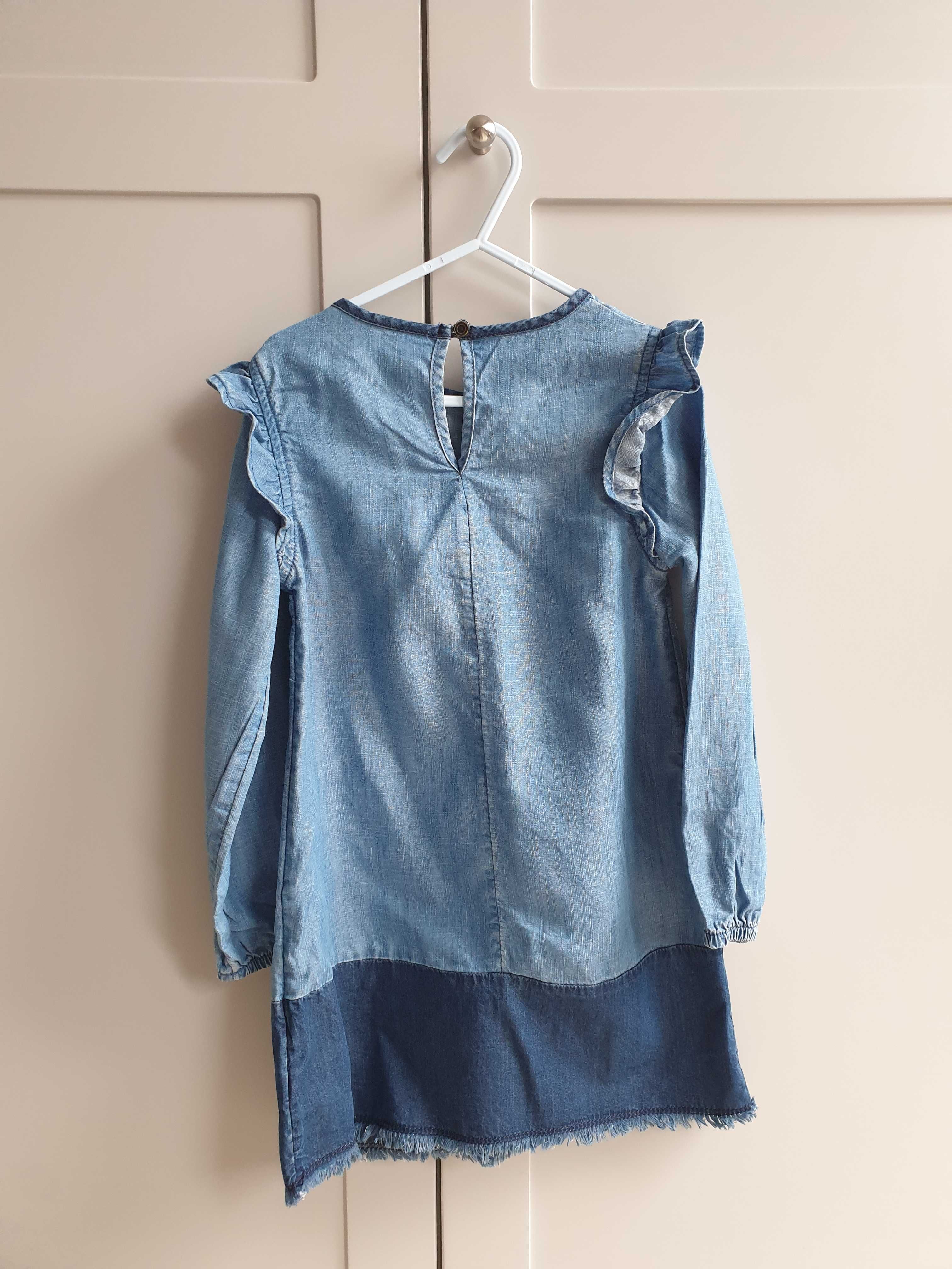 Niebieska dżinsowa jeans sukienka z tencelu z falbankami Next 110 116