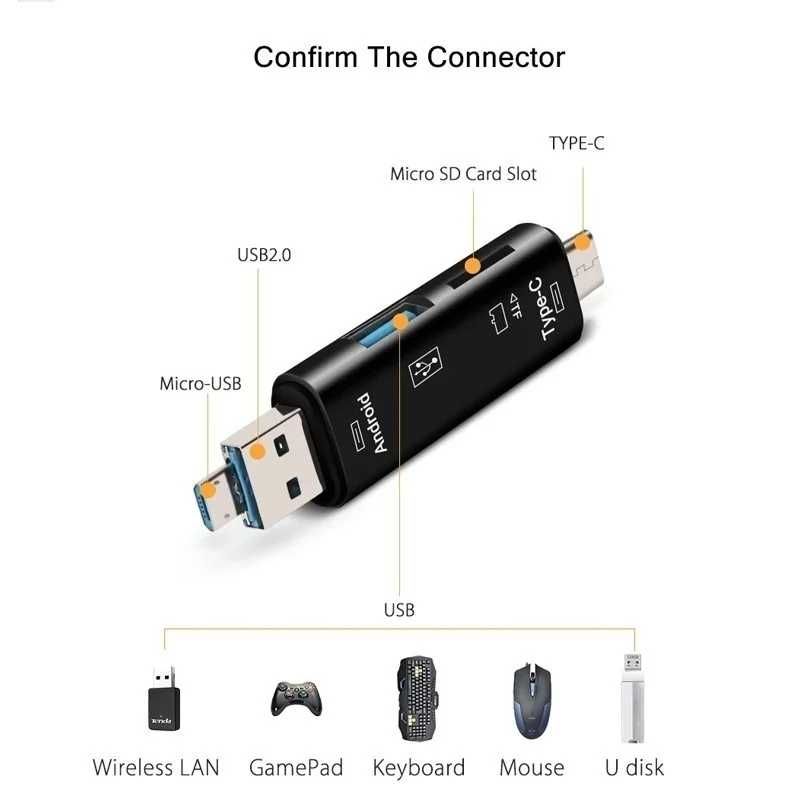 Кардридер 5 в 1 - Type-C, Micro USB, OTG, карт ридер card reader