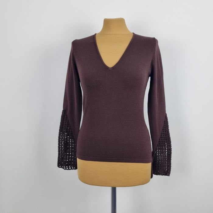 Patrizia Pepe Piękny Brązowy Sweter ażurowe rękawy