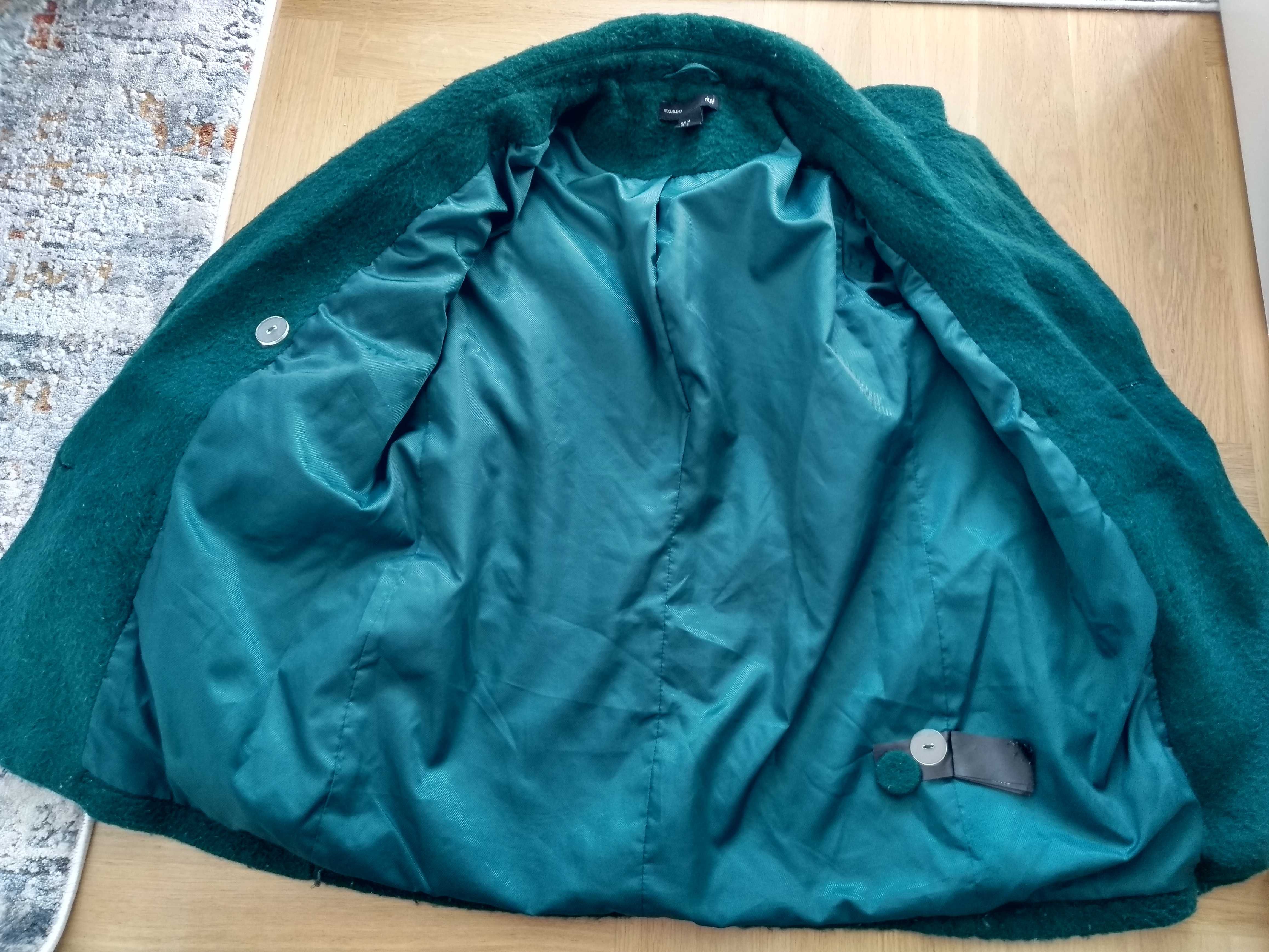 H&M Płaszcz kurtka wełna 34 36 szmaragd butelkowa zieleń